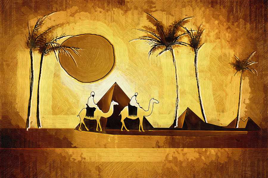 Obraz na płótnie Karawana na pustyni, palmy i piramidy - TA171241 w salonie
